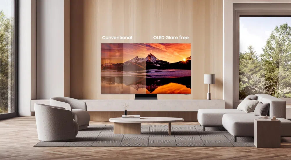 Exemplo de tela com reflexo e usando a nova tecnologia antirreflexo. Imagem: samsung samsung apresenta tv qd-oled antirreflexo na ces 2024