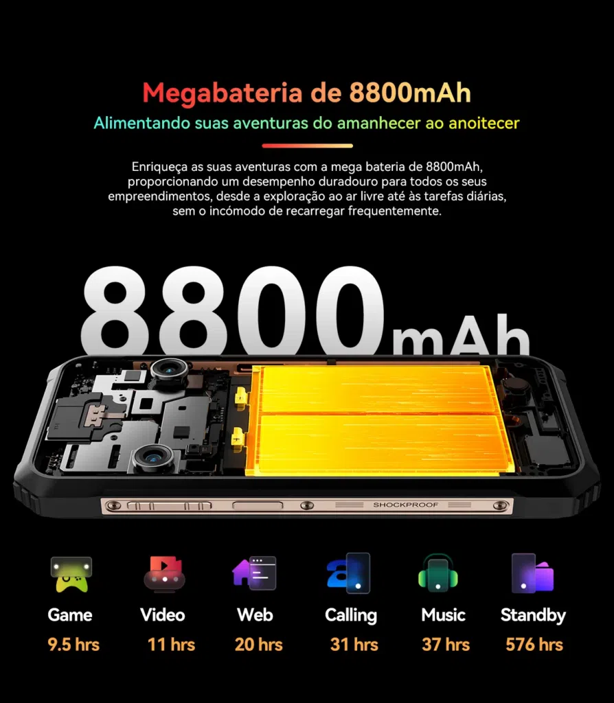 A bateria de 8. 800 mah promete servir muito tempo de carga ao celular. Imagem: blackview