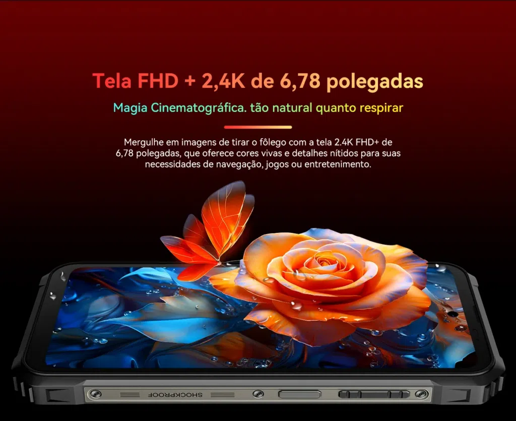 A tela principal conta com 6,78 polegadas e exibe conteúdos em 2,4k fhd+. Imagem: blackview bl9000