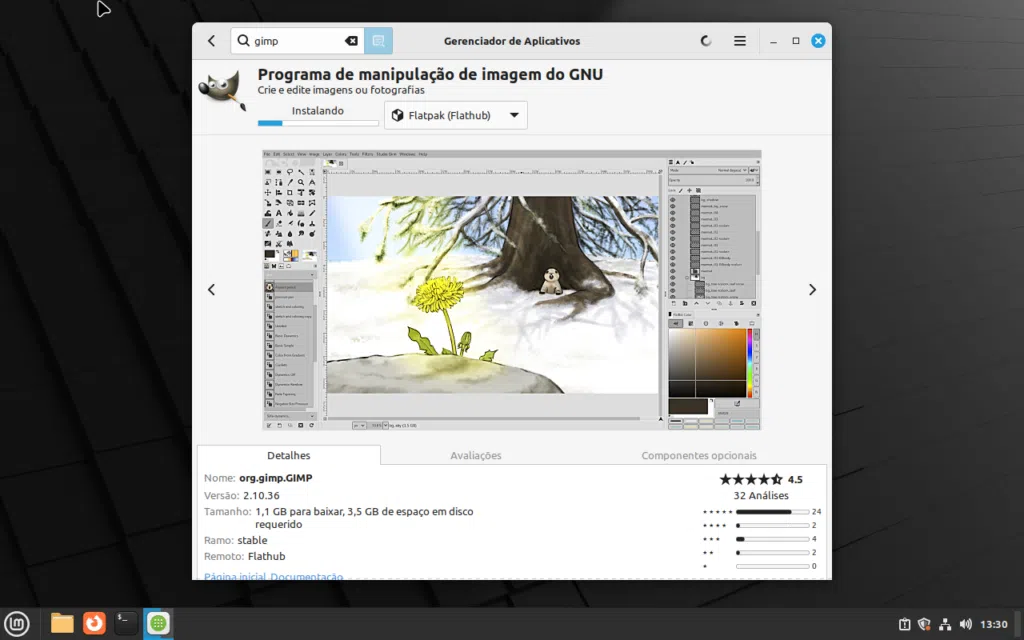 Usando o gerenciador de aplicativos para instalar programas no linux mint 21. 2. No exemplo, instalação do gimp