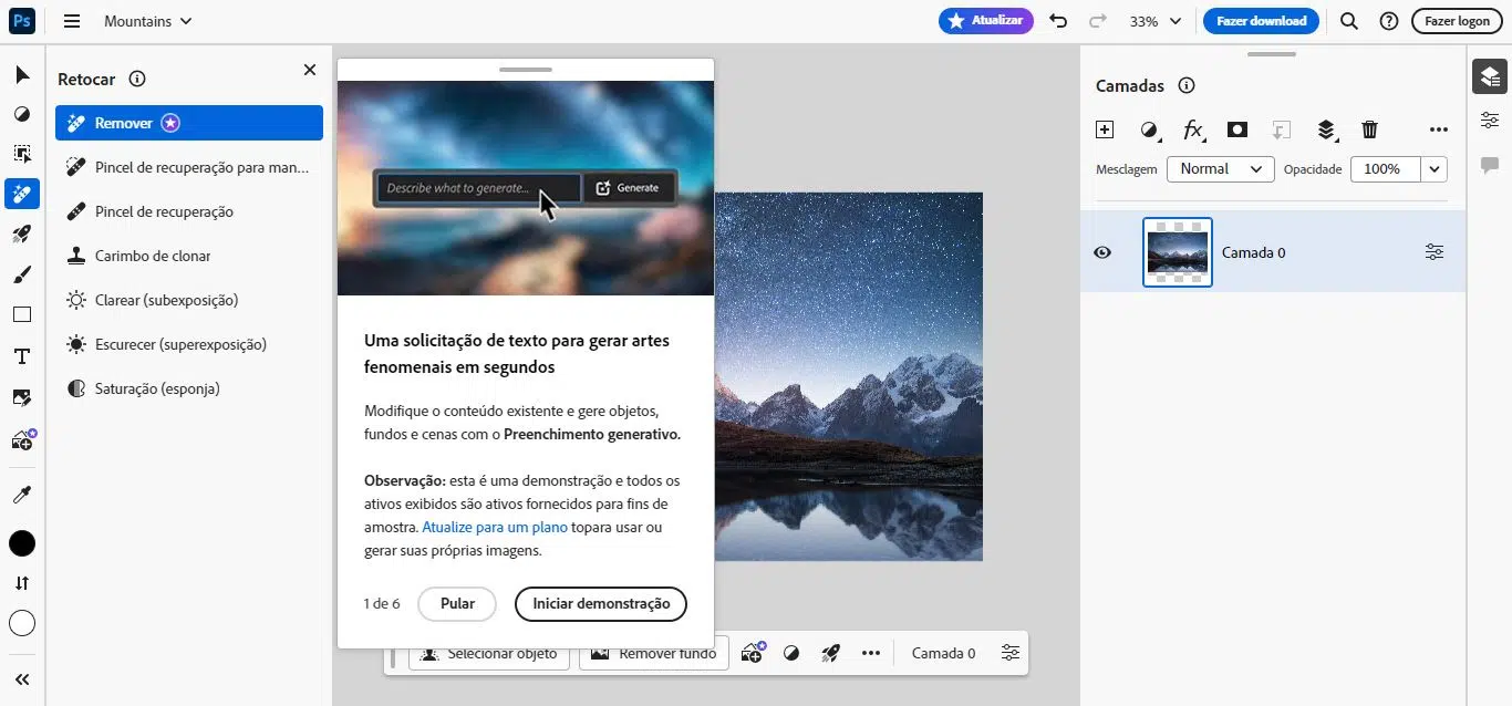 O adobe photoshop na web está integrado com o adobe firefly, permitindo usar ia para transformar texto em imagem