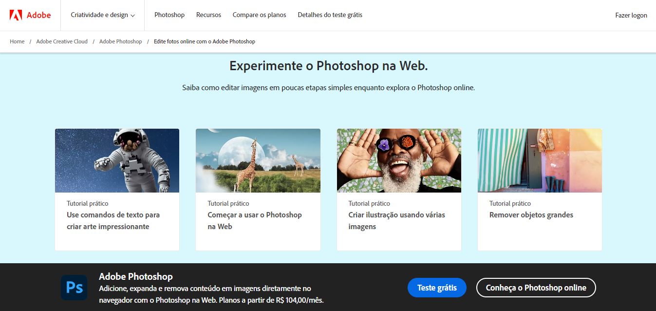 Principais funcionalidades divulgadas na página inicial do adobe photoshop web