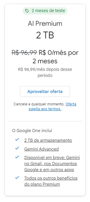 Valor do pacote com o gemini advanced incluso. Imagem: google