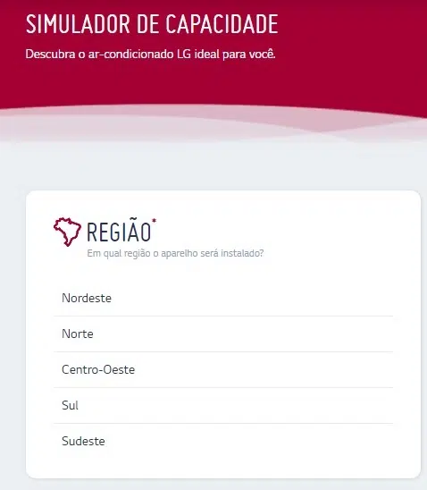 A imagem é um print de tela do simulador de capacidade dos ares condicionados da lg.