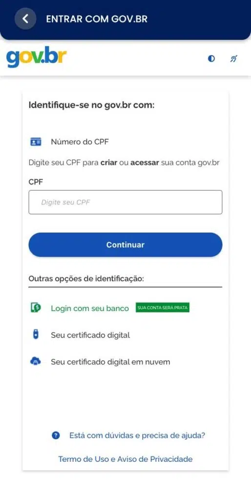 Login no app da carteira digital de trânsito