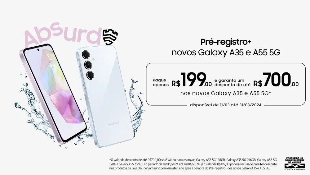 Galaxy a35 e galaxy a55 chegam ao brasil a partir de r$ 2. 699; conheça. Smartphones contam com jogo triplo de câmeras na traseira, até 256 gb de armazenamento interno e receberão quatro anos de atualizações de sistema operacional