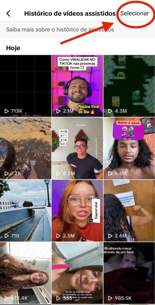 Histórico de vídeos vistos no tiktok