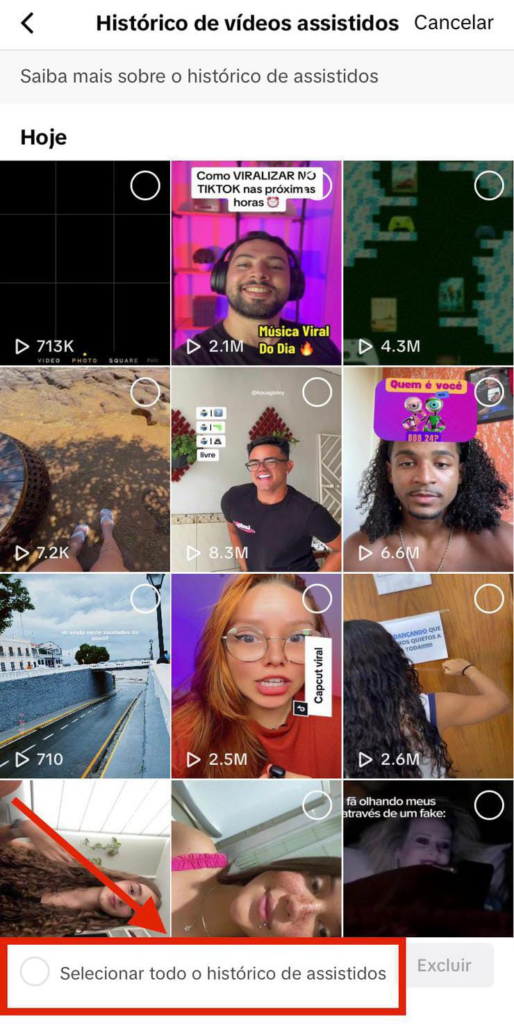 Histórico de vídeos vistos no tiktok