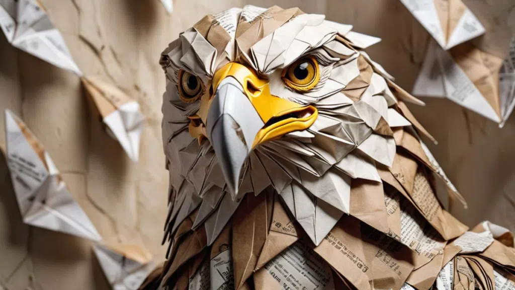 Prompt: ""a stunning origami masterpiece depicting a lifelike eagle's head, masterfully constructed from crumpled old newspapers. The eagle's face showcases a captivating range of grey and beige shades, with a striking gaze that captures the viewer's attention. The intricate folds of the newspaper contrast sharply against the pristine white background, further accentuating the delicate details of this captivating sculpture coming out of a wall. " - gerado por gencraft, modelo: hyper realism, estilo: realist