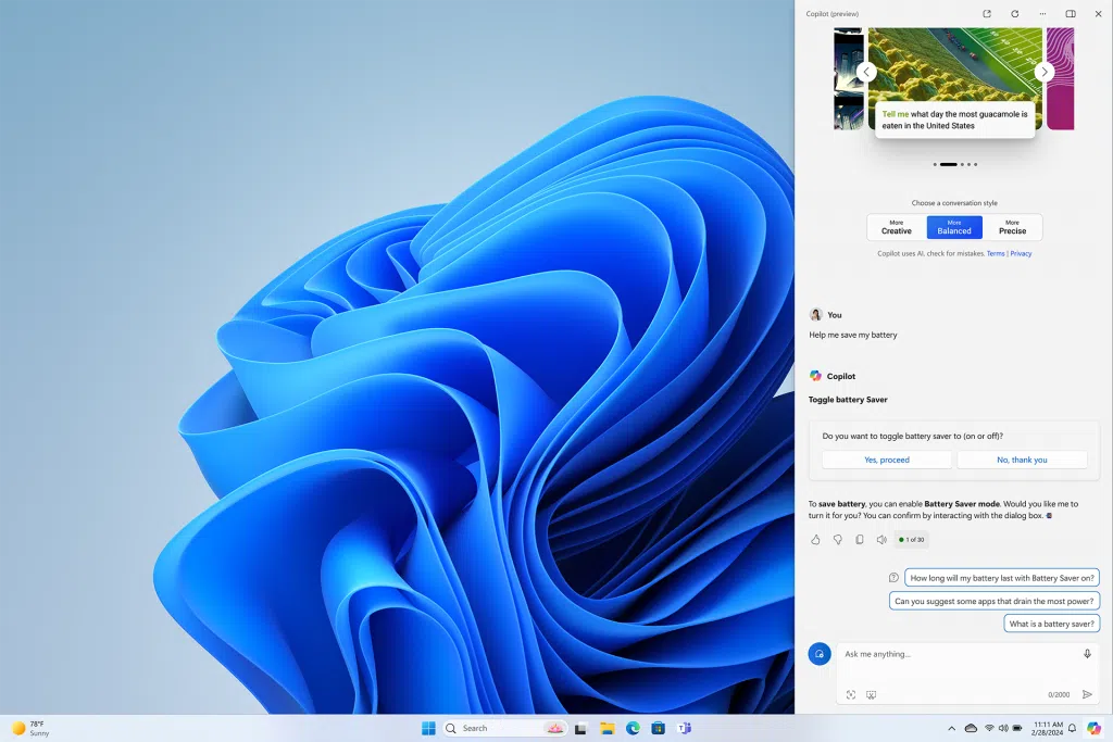 A nova atualização do windows 11 traz principalmente melhorias no windows copilot. Imagem: microsoft