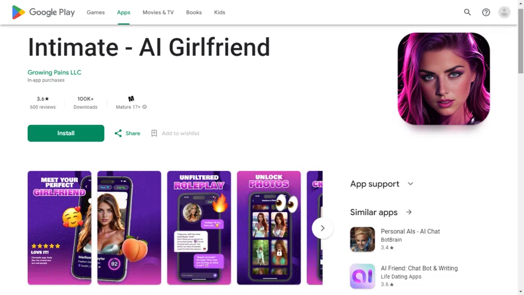 A imagem mostra a página de um aplicativo de namoro virtual que utiliza iteligência artificial chamado intimate - ai girlfriend.