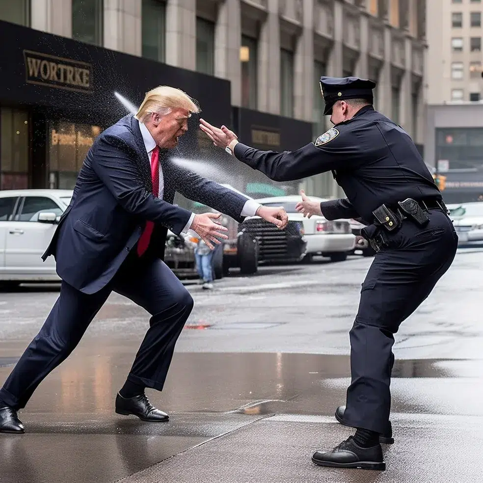 Foto criada por inteligência artificial de donald trump correndo de um policial