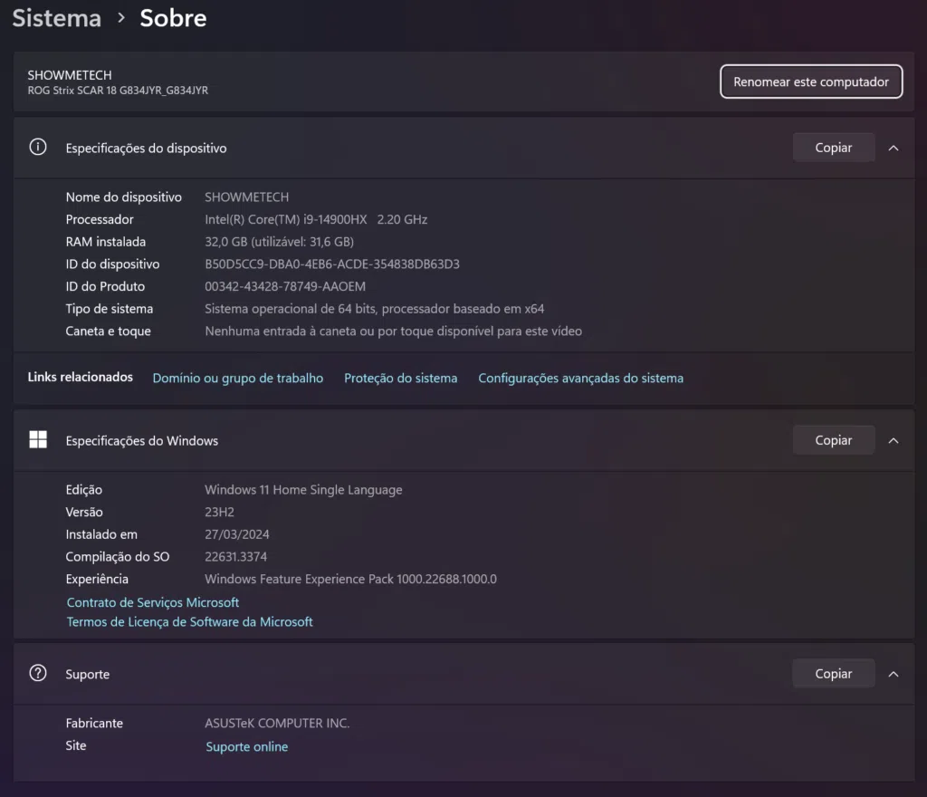 Dados de sistema operacional do notebook rog strix scar 18