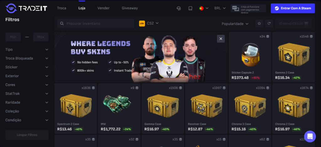 Compre skins com segurança para cs2 na tradeit. Veja como negociar em segurança pela plataforma e ter acesso as melhores armas do fps da valve