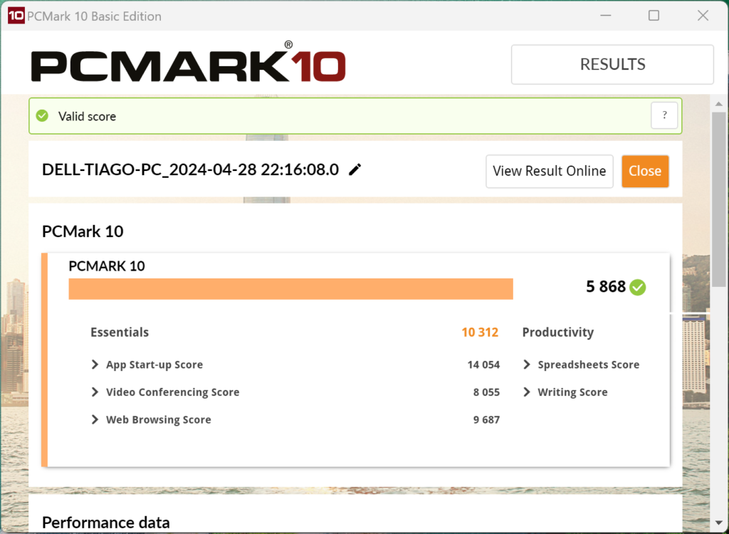 Resultado do benchmark pcmark 10 para o dell inspiron 13 5330