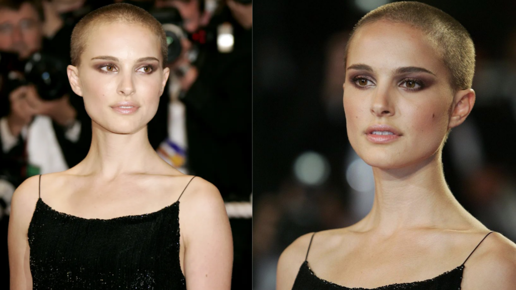 Natalie portman surge de cabelo raspado em cannes.