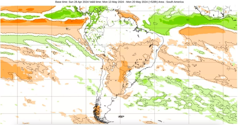 Previsão de diminuição das chuvas na região sul do brasil nas duas últimas semanas de maio. Imagem: gizmodo