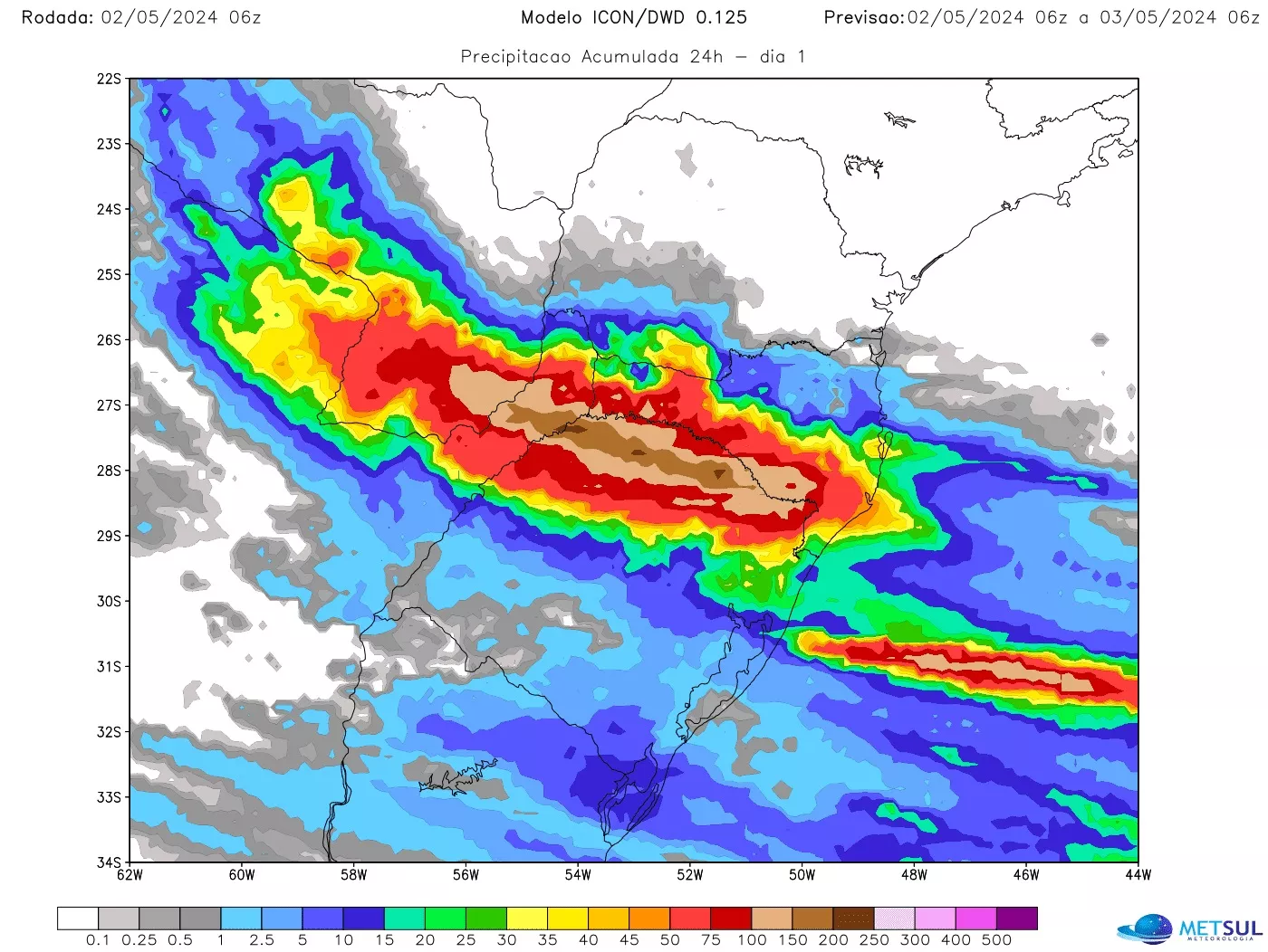 Previsão de chuva em 02/05/2024 pelo metsul meteorologia. Imagem: metsul meteorologia