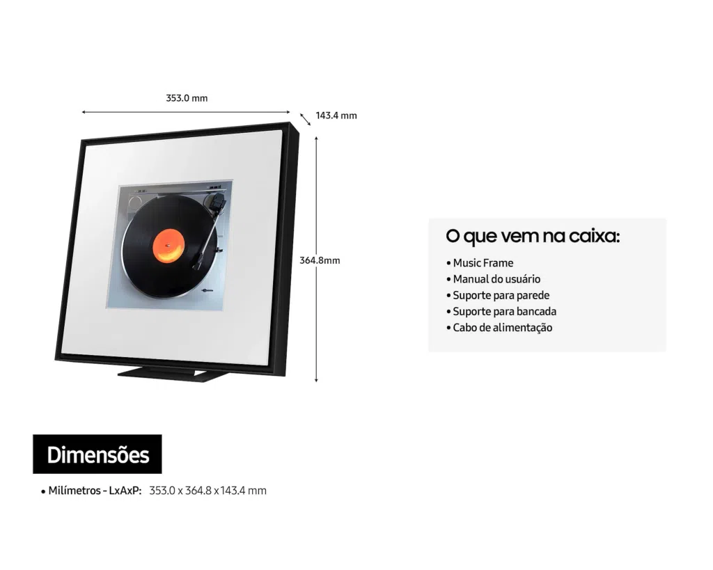 Dimensões e o que vem na caixa da music frame. Imagem: samsung