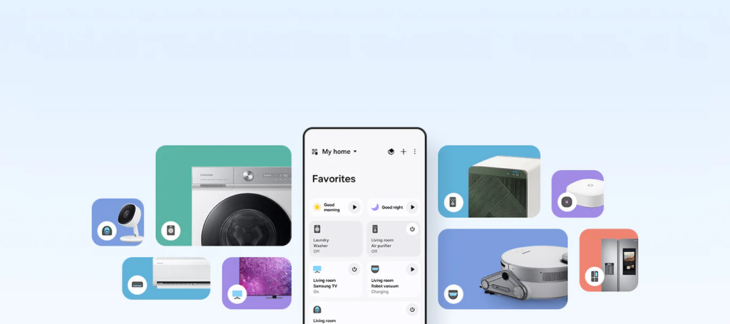 A imagem apresenta a interface do app samsung smartthings.