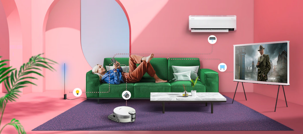 A imagem ilustra as possibilidades de uso do aplicativo smartthings da samsung.