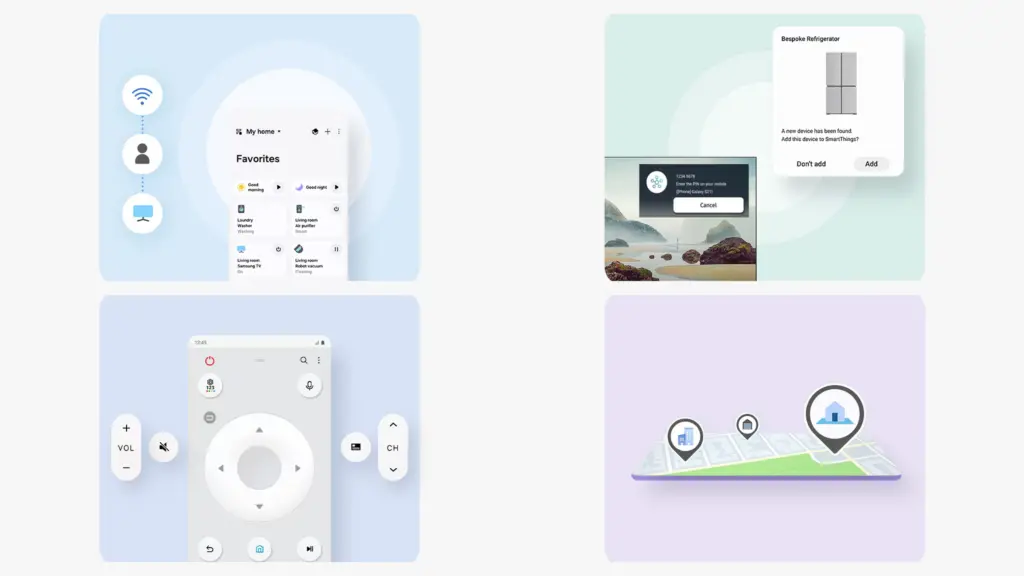 A imagem ilustra alguns dos passos de como usar o smartthings, app de casa conectada da samsung.