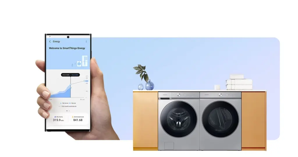 A imagem apresenta a interface do recurso energy do aplicativo smartthings da samsung.