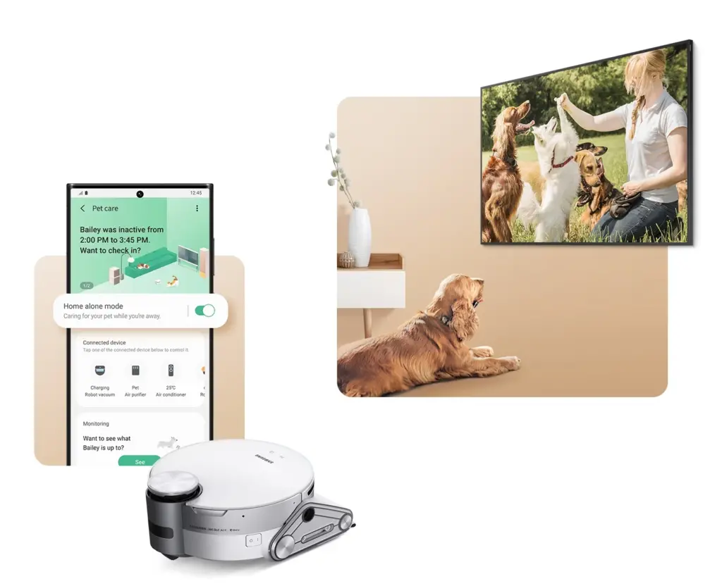 A imagem apresenta a interface do recurso pet care do aplicativo smartthings da samsung.