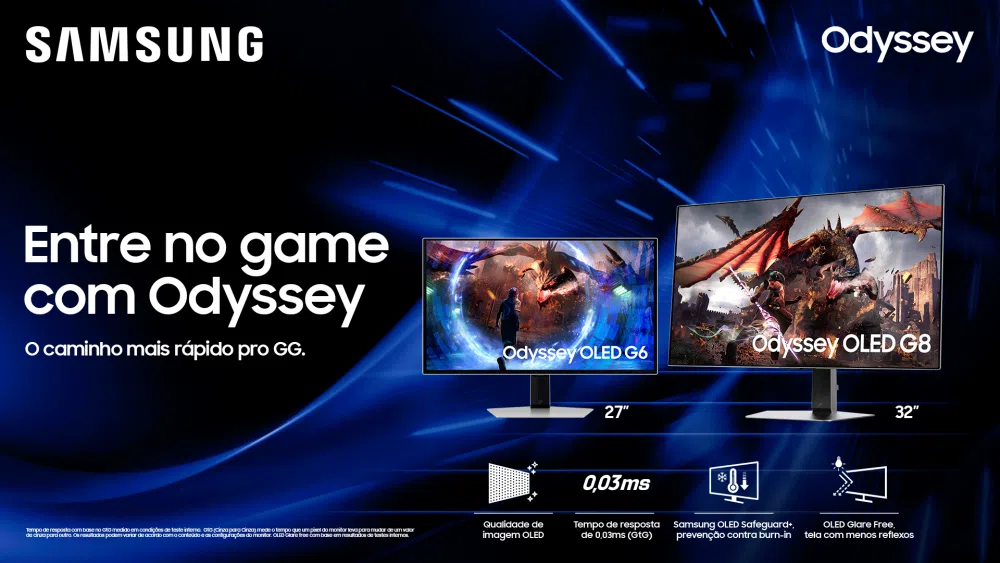 Samsung lança monitores gamers odyssey oled g8 e oled g6 no brasil. Modelos chegam com tamanhos de tela de 27 e 32 polegadas, com resoluções qhd e 4k, com upscaling de imagem com ia e alta performance para games, confira