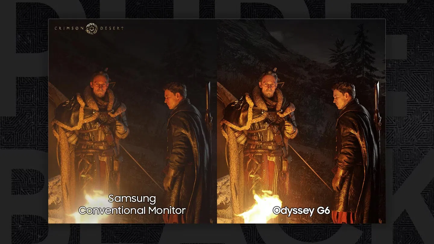 Comparação de gráficos entre um monitor normal e o odyssey g6. Imagem: samsung