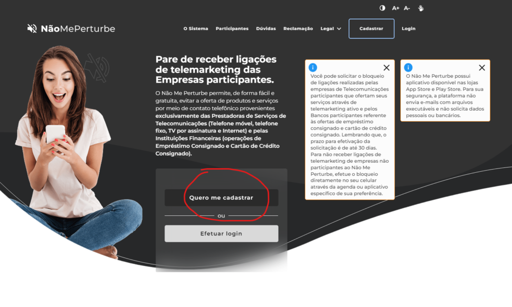 Acesse o site oficial não me perturbe da anatel e clique em quero me cadastrar. Imagem: lucas gomes, smt