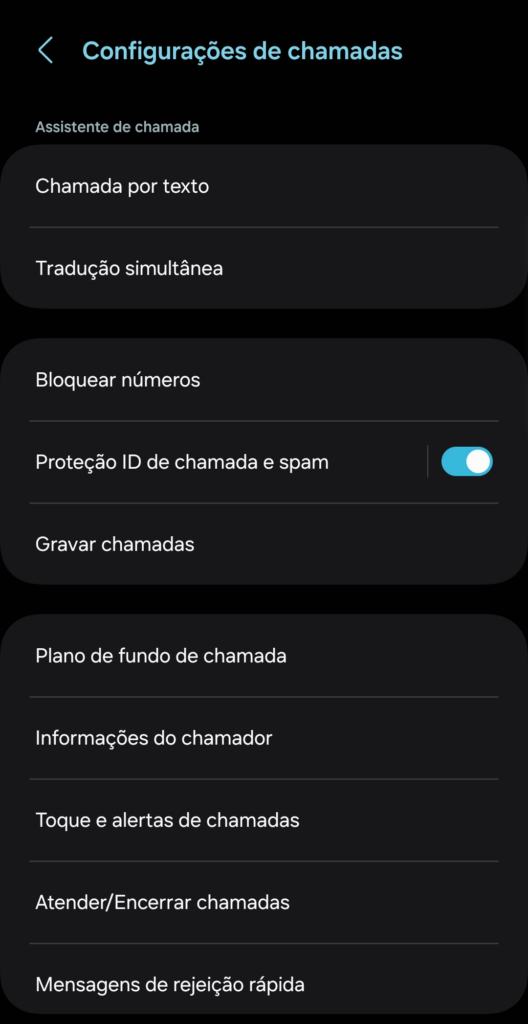 Escolha a opção proteção id de chamada e spam. Imagem: glauco vital, smt