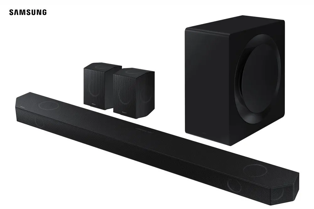 A imagem mostra uma soundbar samsung q990d.