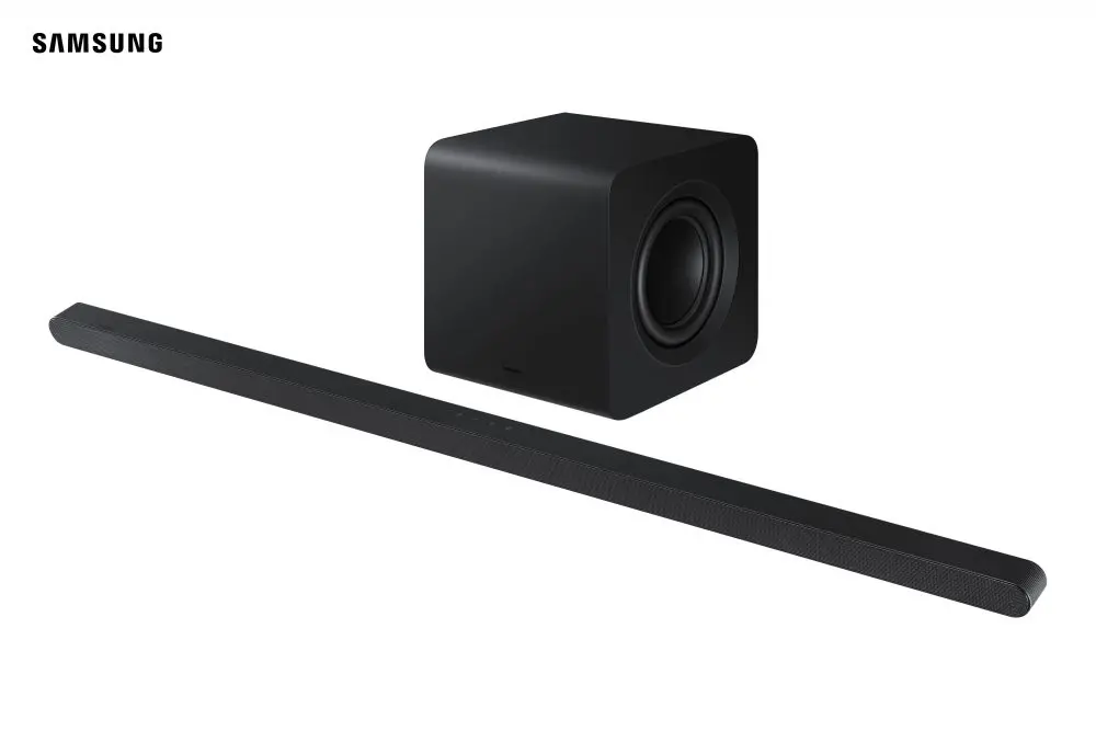 A imagem mostra uma soundbar samsung s800d.