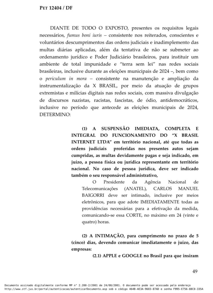 Atualizado: alexandre de moraes determina suspensão do x no brasil. Operadoras têm 24 horas para cumprir decisão e aplicativo do x também será removido de lojas do google e apple. Leia o documento completo