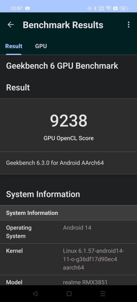 Resultado do geekbench 5 para o realme gt 6 em gpu opengl