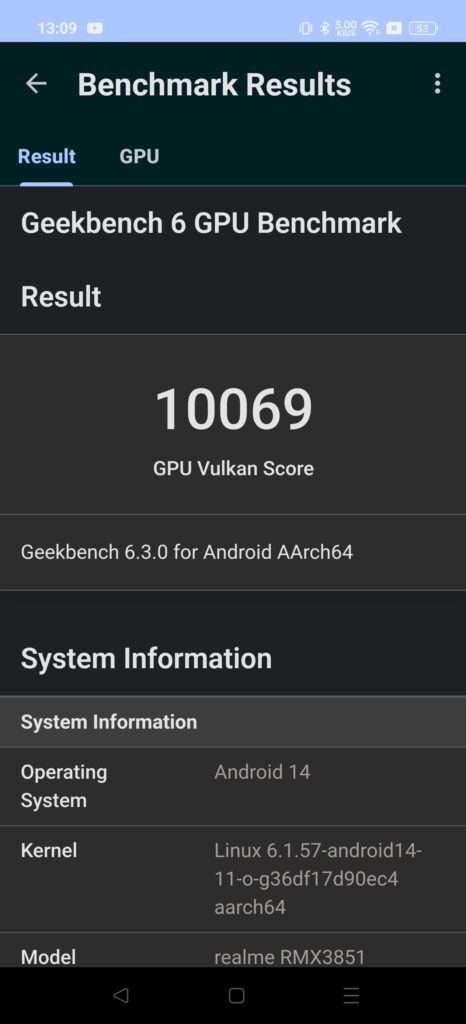 Resultado do geekbench 5 para o realme gt 6 em gpu vulkan