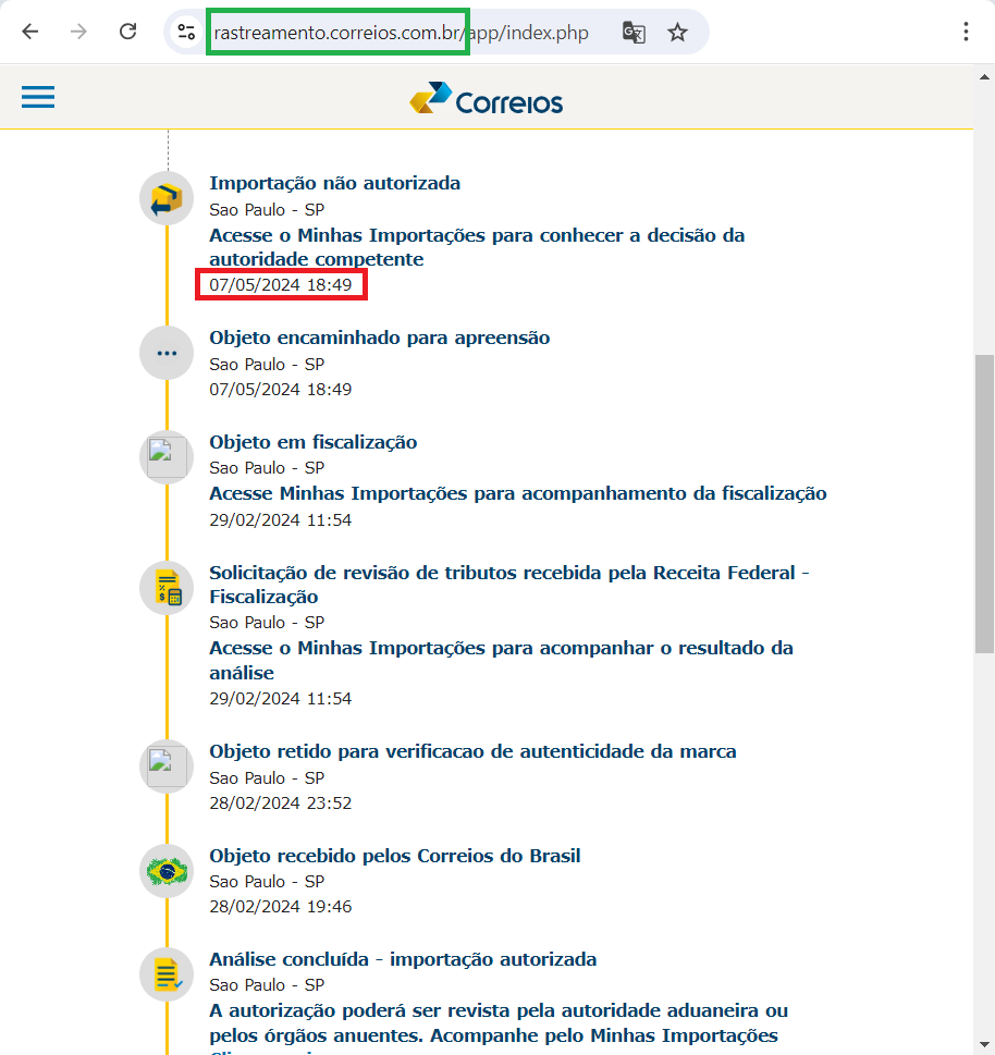 Este é o endereço e página legítimos dos correios. Imagem: eset