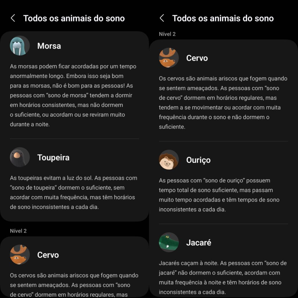 Animais de sono da samsung