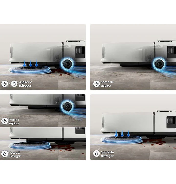 Robô aspirador jet bot combo da samsung limpa e passa o pano para você. Modelo 2 em 1 usa inteligência artificial na limpeza, tem base com compartimento de pó para prolongar o uso e até abastecimento automático de água. Conheça