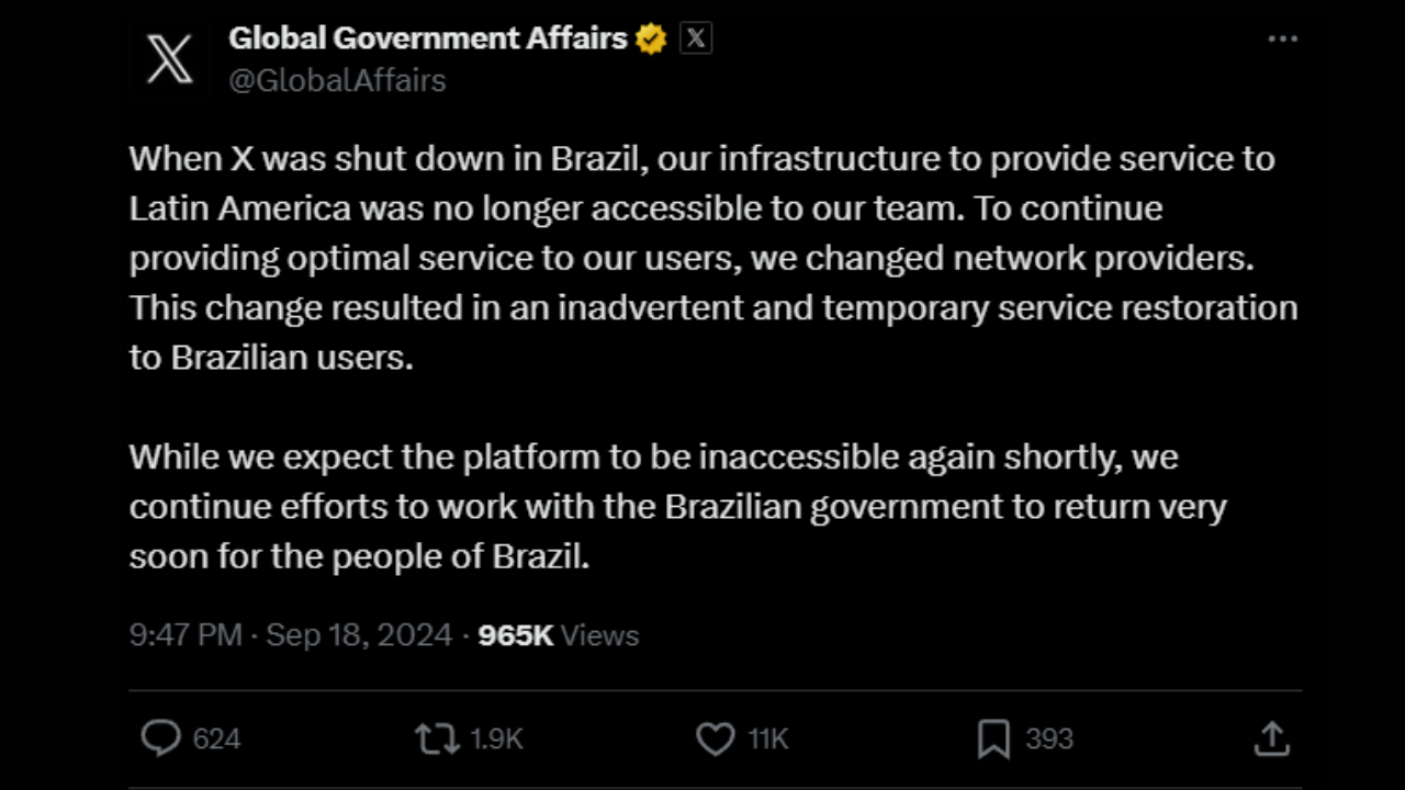 X/twitter em nota sobre liberação indevida da rede social aos brasileiros