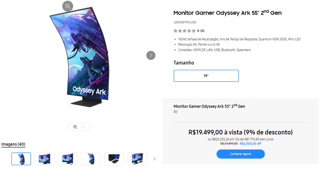 Preço do monitor gamer odyssey ark na loja oficial da samsung / fonte: samsung