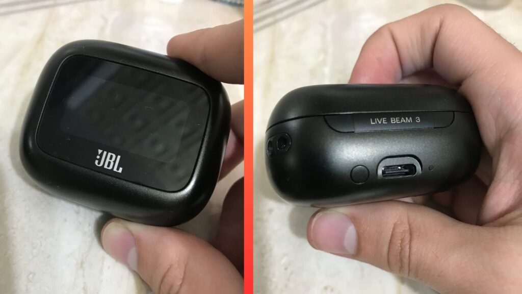 O estojo de carregamento do jbl live beam 3 pesa 90g, com um material mais duro e uma forma maior que os cases convencionais; seu carregamento é via usb-c com um botão de ligar. (foto: reprodução/enzo sapio monello/showmetech)