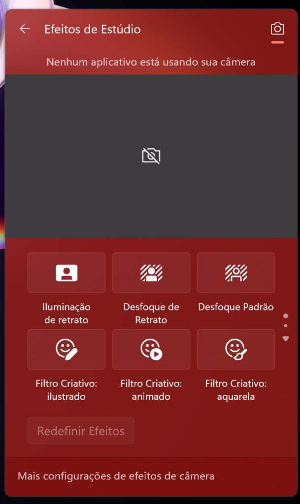 Menu com os efeitos disponíveis para webcam no vivobook s 15