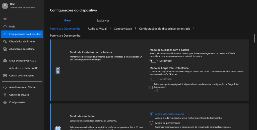 Configurações do app myasus, incluso no notebook vivobook s 15