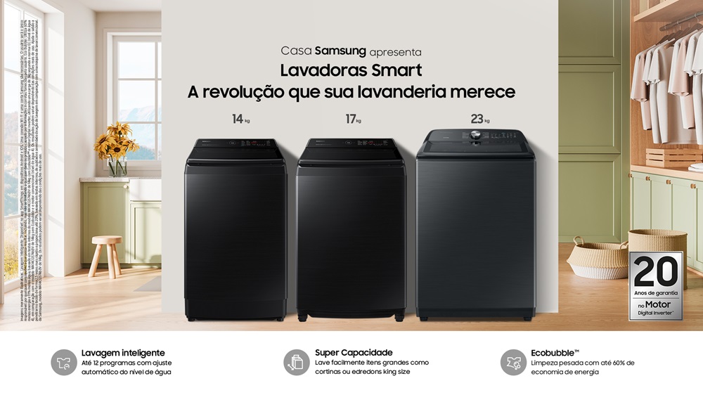 Samsung lança lava e seca bespoke ai com redução de até 70% no gasto de energia. Modelo tem tela de 7 polegadas e autonomia de até 47 ciclos de lavagem. Lavadoras com abertura superior de 14 kg, 17kg e 20kg também foram apresentadas