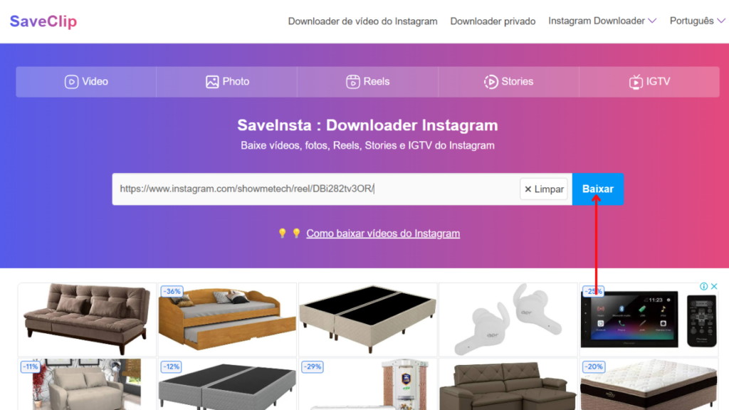 Uso do saveclip para baixar reels do instagram pelo pc