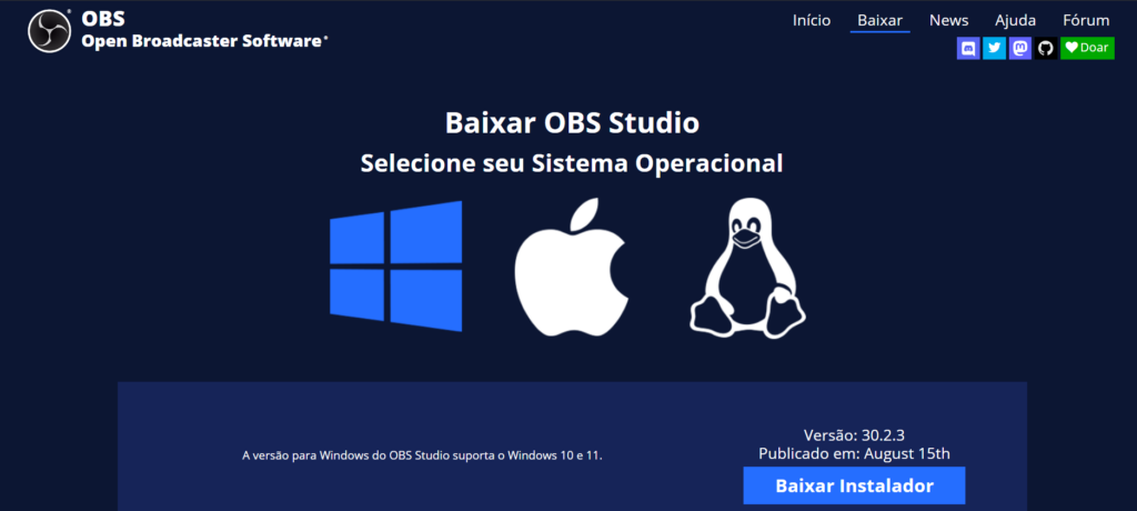 Página de download do obs studio