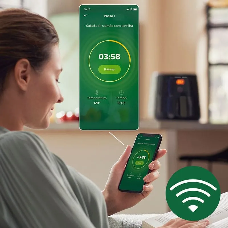 Pelo aplicativo, você pode aumentar e diminuir a temperatura e o tempo de duração, além de pausar e retomar o cozimento à vontade. (foto: reprodução/philips)