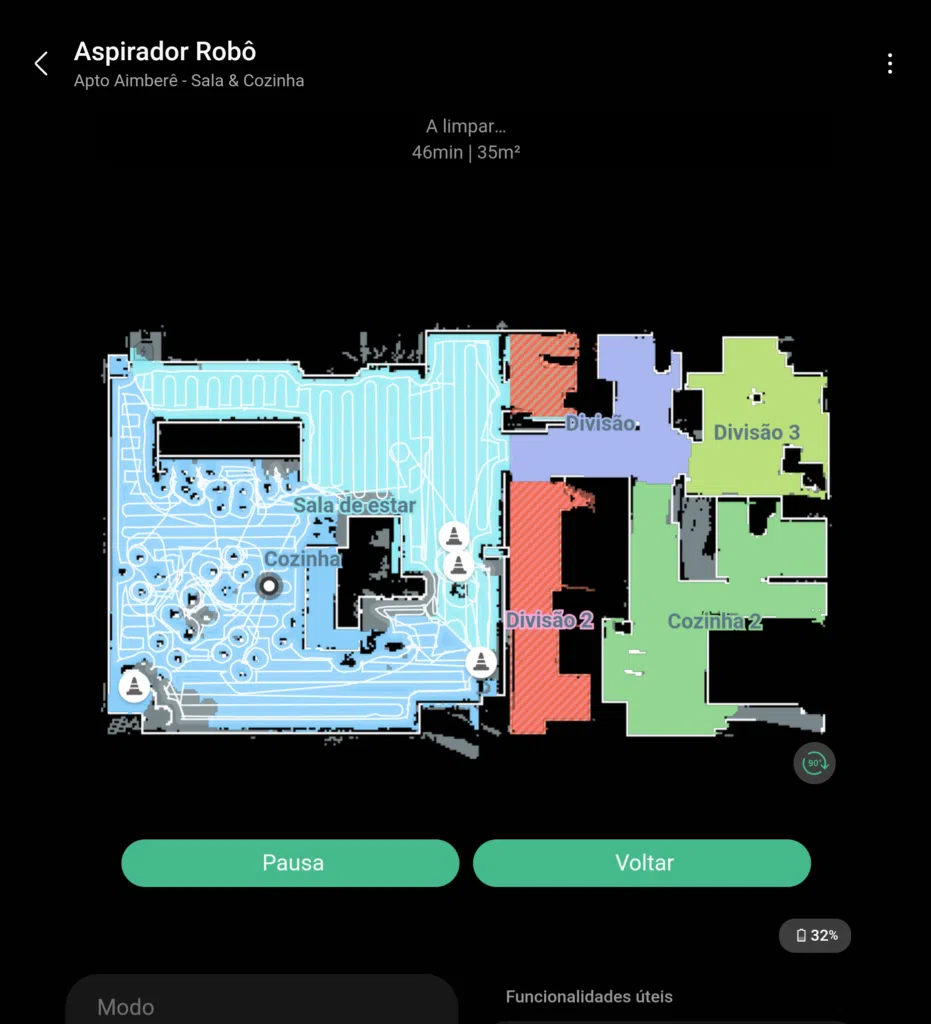 Com o aplicativo da samsung, o usuário consegue controlar o aspirador robô remotamente, além de dividir seções da sua casa e seu modo de limpeza e comportamento, e pausar ou retomar as atividades. (foto: reprodução/bruno ayres martinez/showmetech)